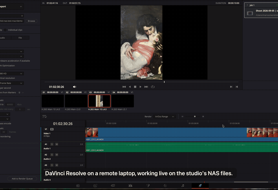 DaVinci Resolve on the Deliver page scrubbing a 4K clip that lives on the NAS; the filmstrip thumbnails fill in as the playhead moves.