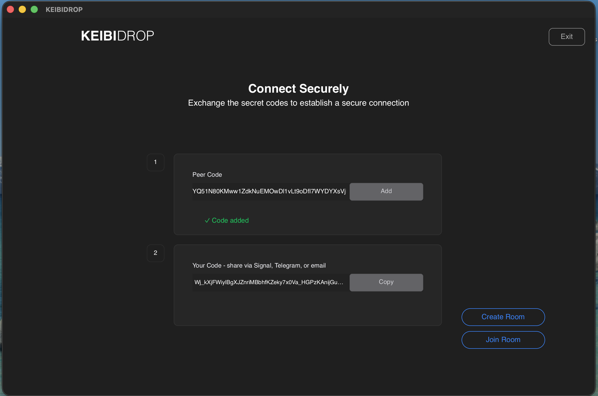 Connect screen with fingerprint exchange